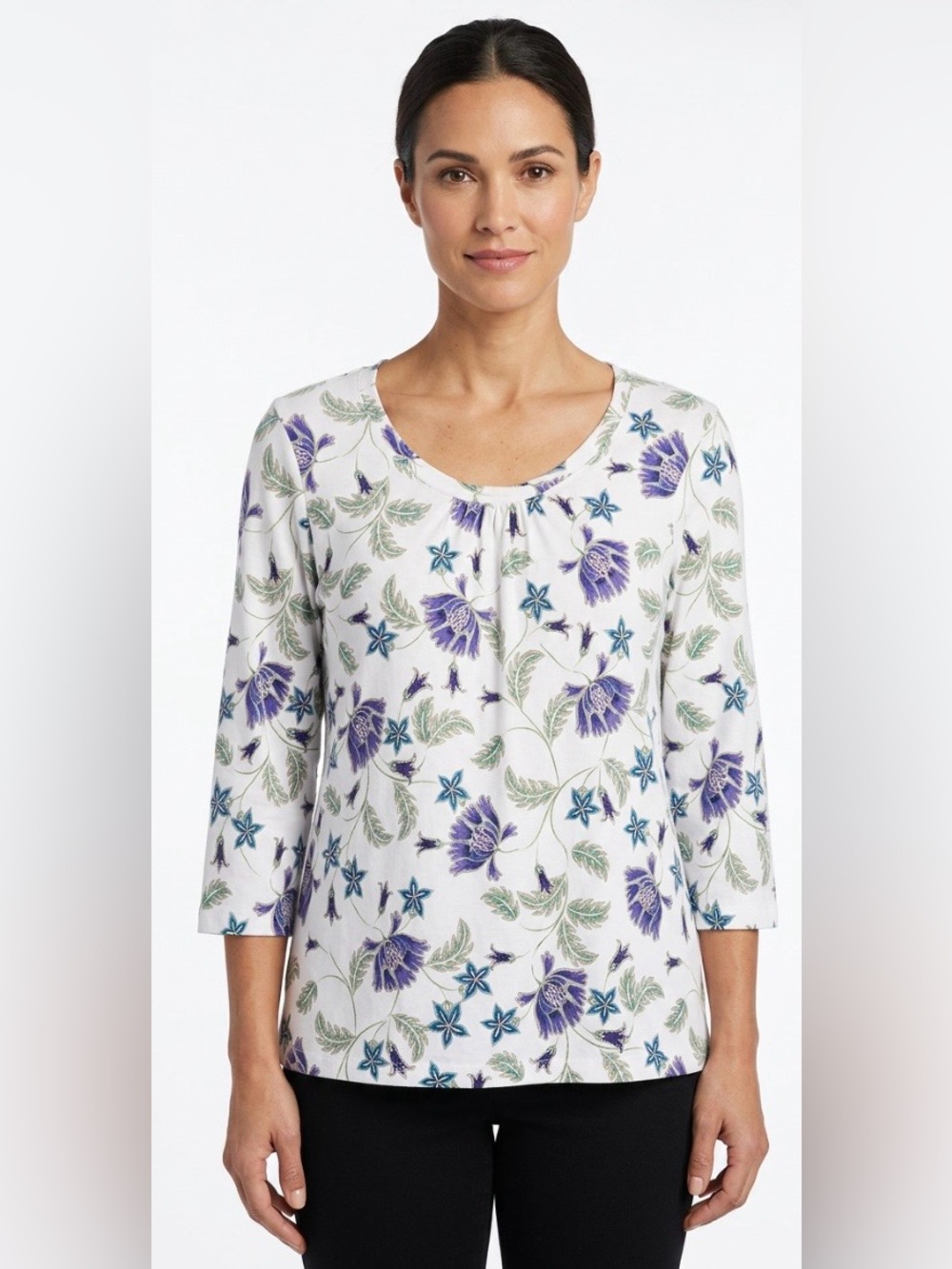 Croft & Barrow XL White Floral Top Blue Green 3/4 Sleeve Cotton Stretch Top
